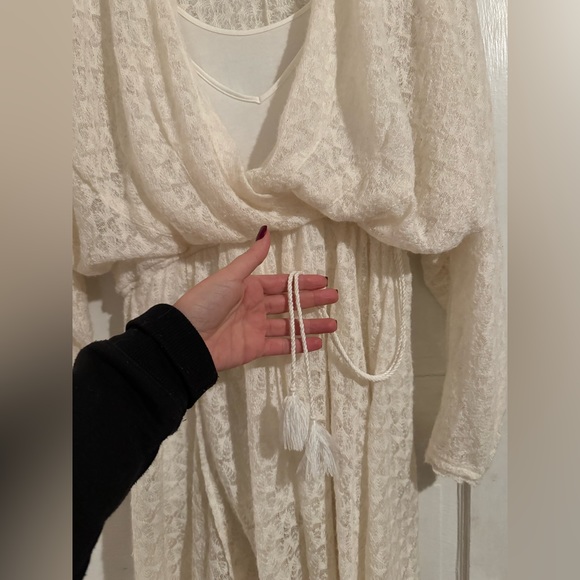 Free People Snug Bug Faux Wrap Mini Sweater Dress Cream Lace Tassel Boho - Picture 6 of 10